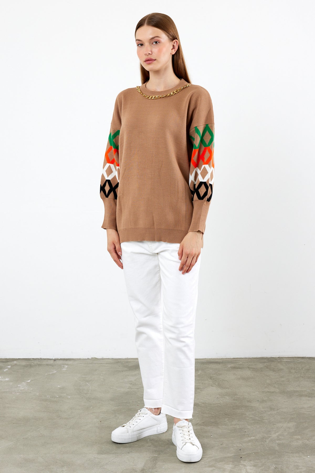 Knit Tunic Sweater Knit Mini Dress Arm Pattern Detailed- SKU: 3010