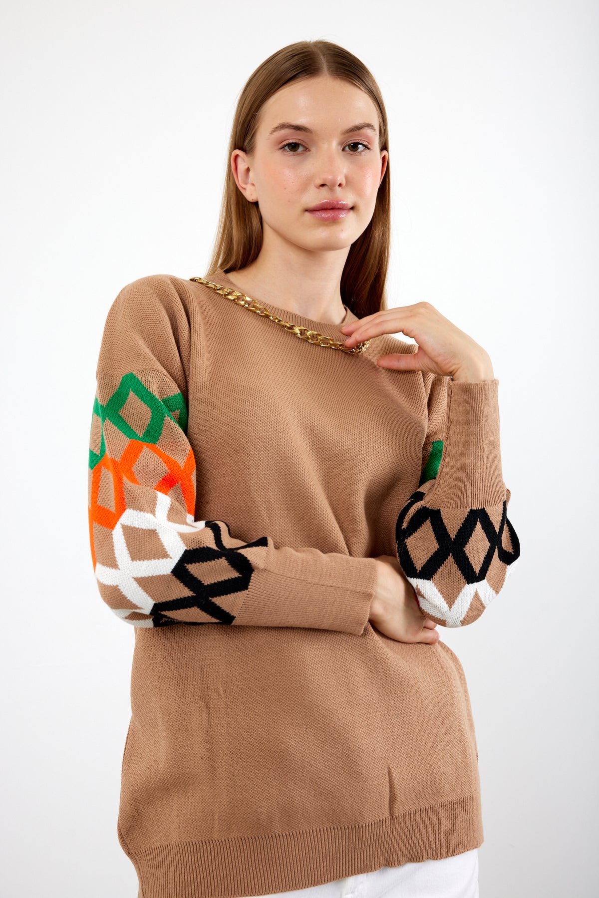 Knit Tunic Sweater Knit Mini Dress Arm Pattern Detailed- SKU: 3010