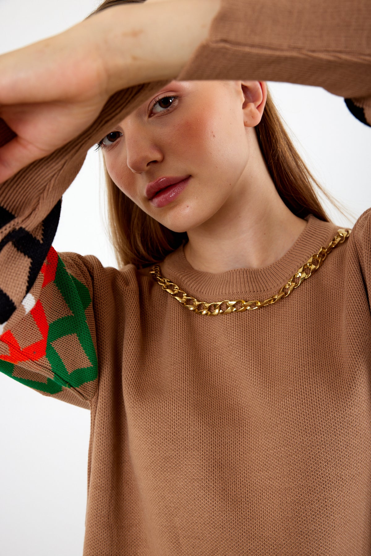 Knit Tunic Sweater Knit Mini Dress Arm Pattern Detailed- SKU: 3010