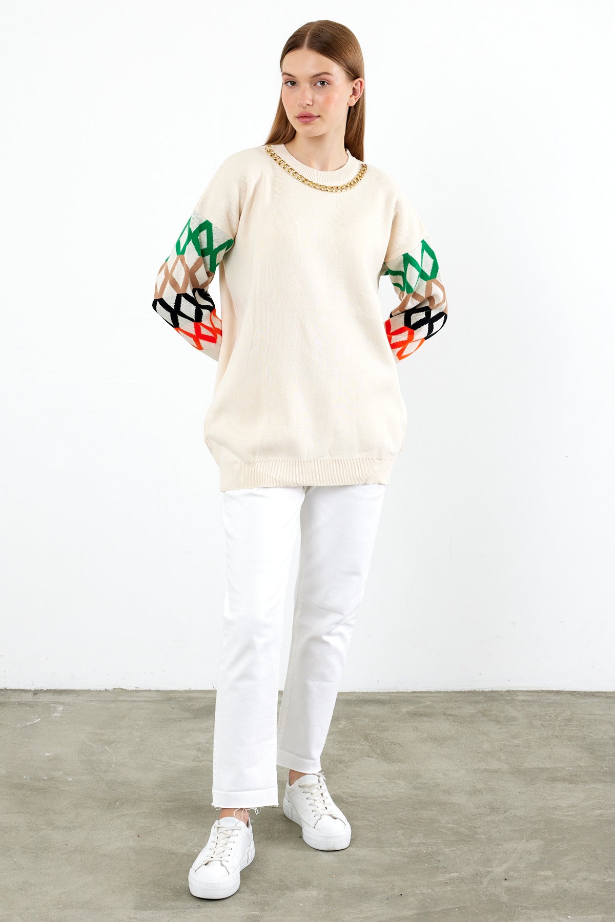 Knit Tunic Sweater Knit Mini Dress Arm Pattern Detailed- SKU: 3010