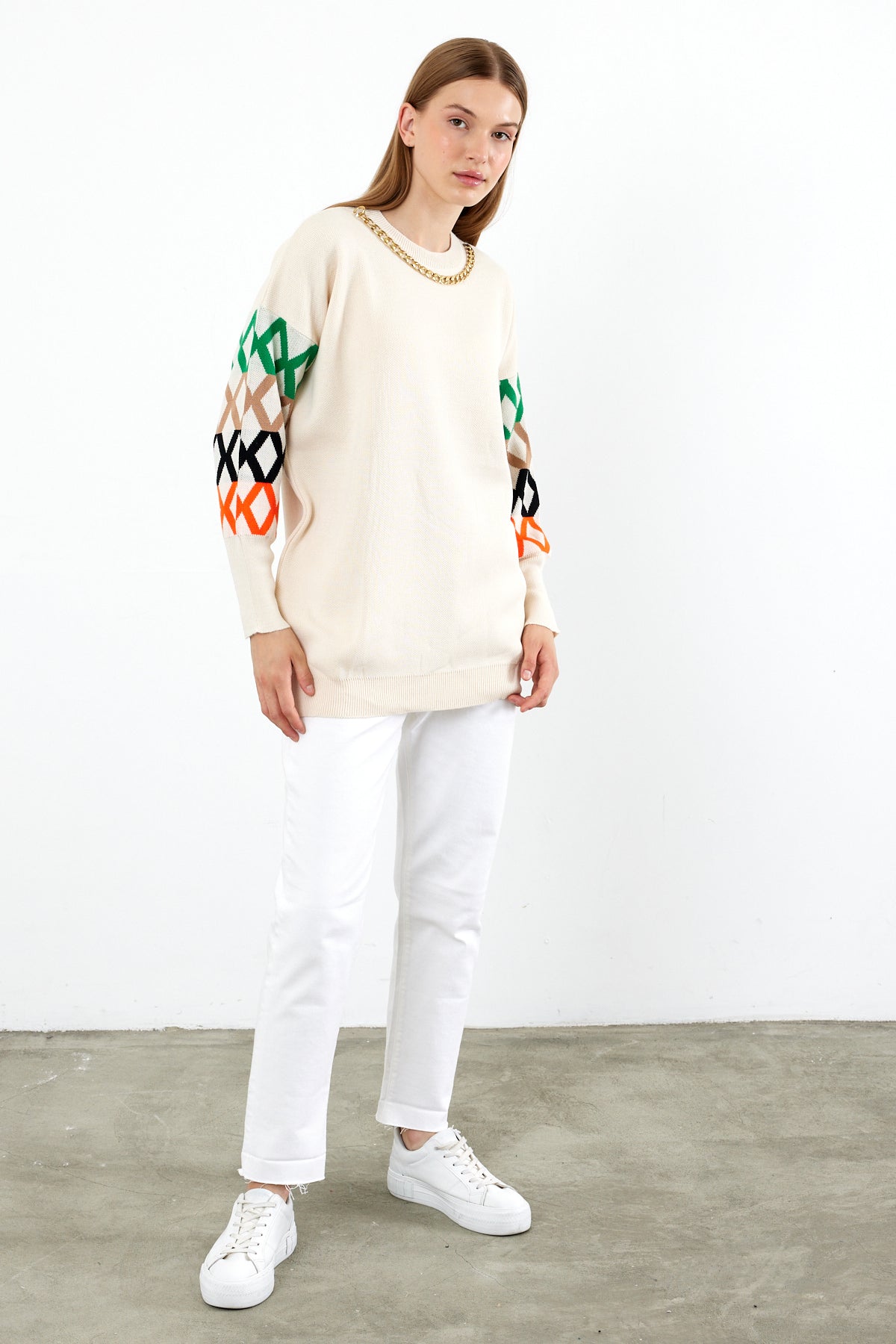 Knit Tunic Sweater Knit Mini Dress Arm Pattern Detailed- SKU: 3010