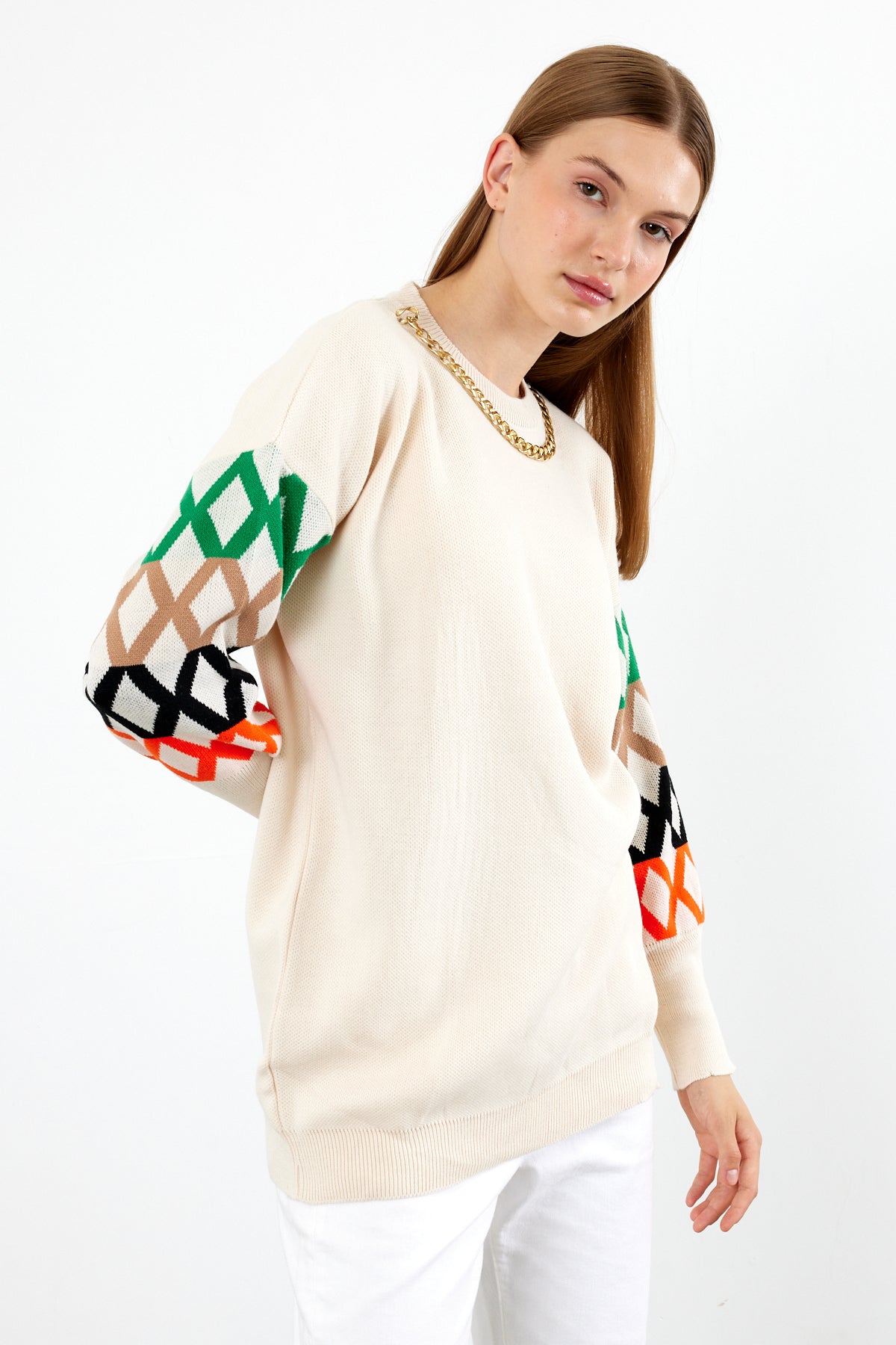 Knit Tunic Sweater Knit Mini Dress Arm Pattern Detailed- SKU: 3010