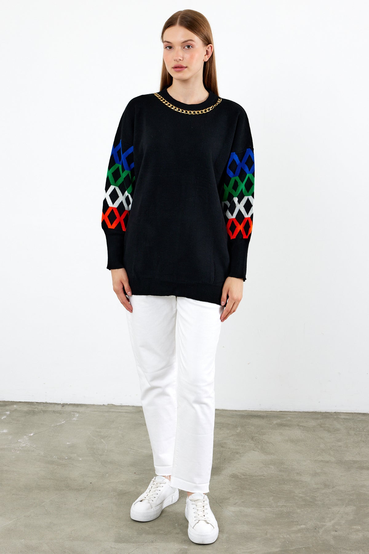 Knit Tunic Sweater Knit Mini Dress Arm Pattern Detailed- SKU: 3010