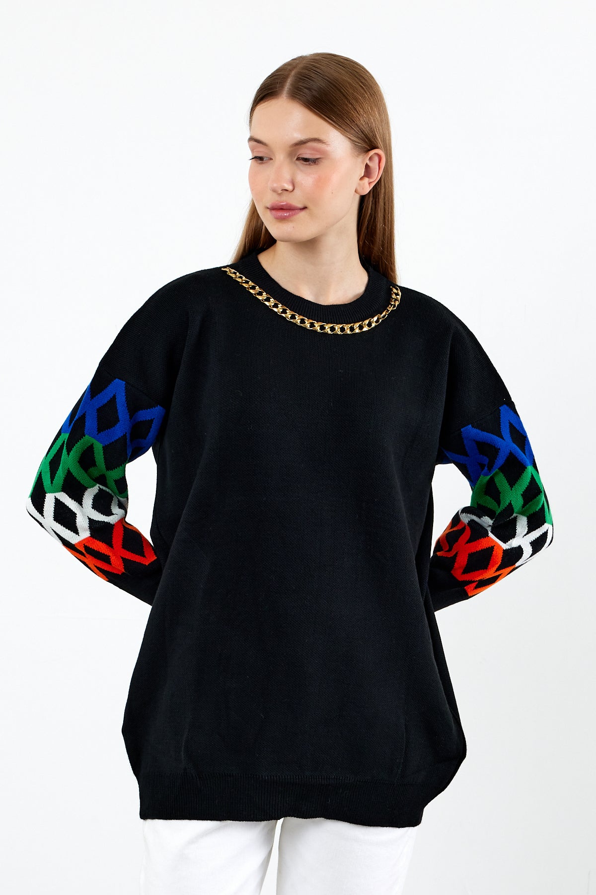 Knit Tunic Sweater Knit Mini Dress Arm Pattern Detailed- SKU: 3010