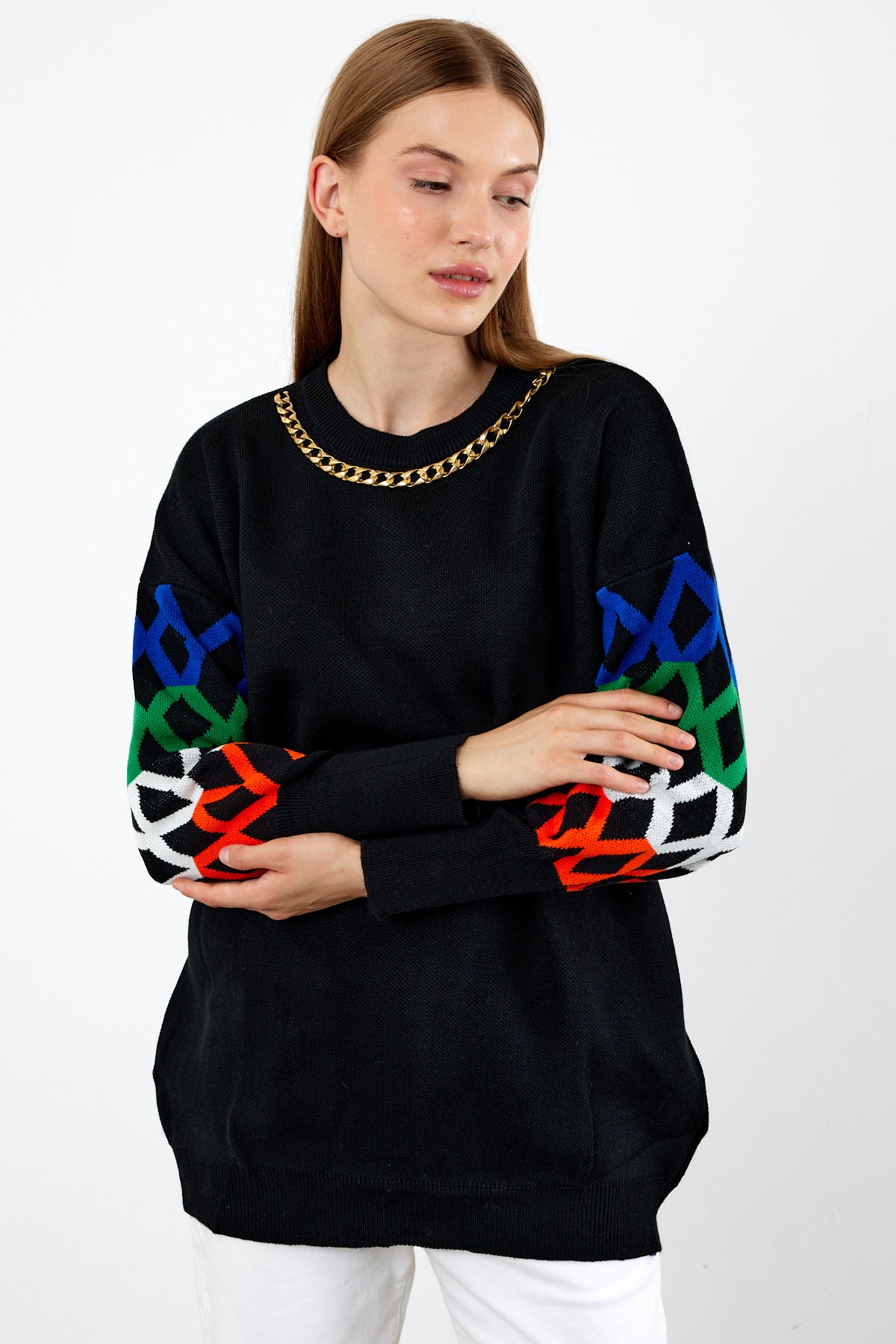 Knit Tunic Sweater Knit Mini Dress Arm Pattern Detailed- SKU: 3010