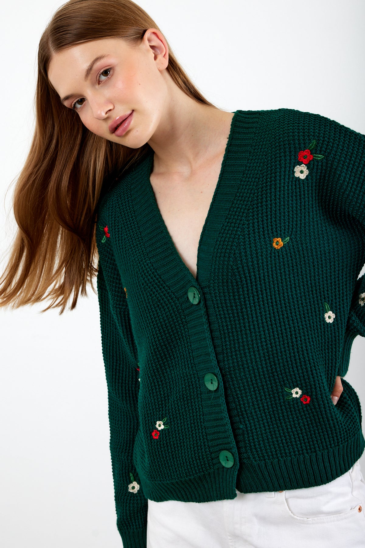 Short Knit Cardigan Flower Embroidery Detailed - SKU: 3840