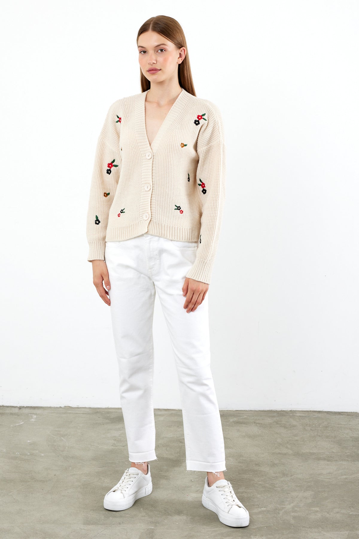 Short Knit Cardigan Flower Embroidery Detailed - SKU: 3840