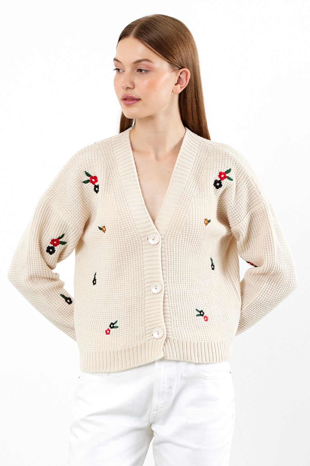 Short Knit Cardigan Flower Embroidery Detailed - SKU: 3840