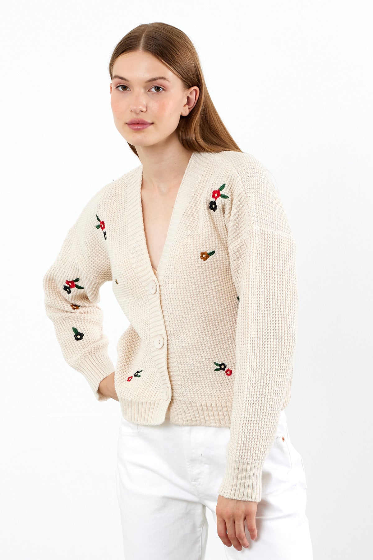 Short Knit Cardigan Flower Embroidery Detailed - SKU: 3840