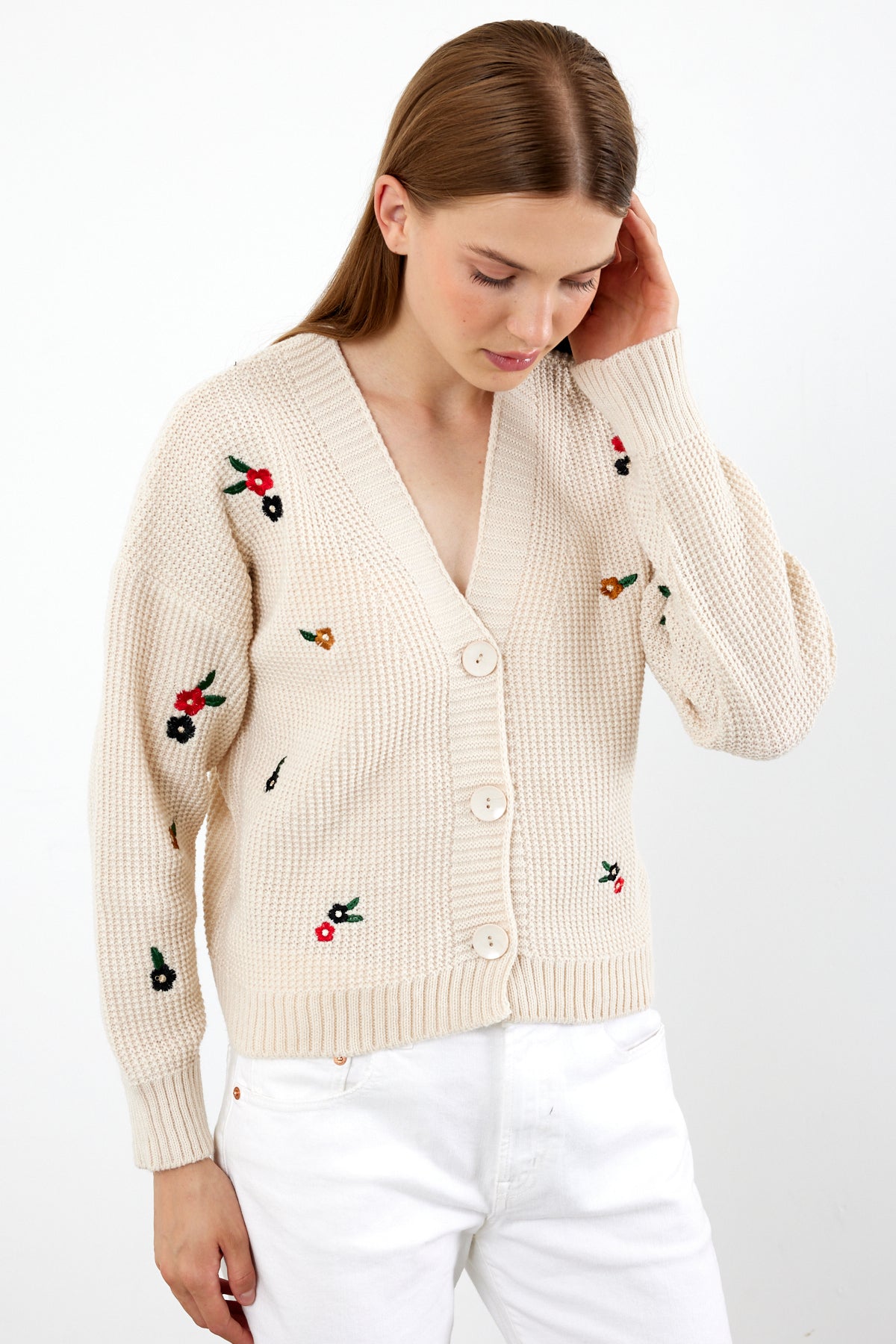 Short Knit Cardigan Flower Embroidery Detailed - SKU: 3840