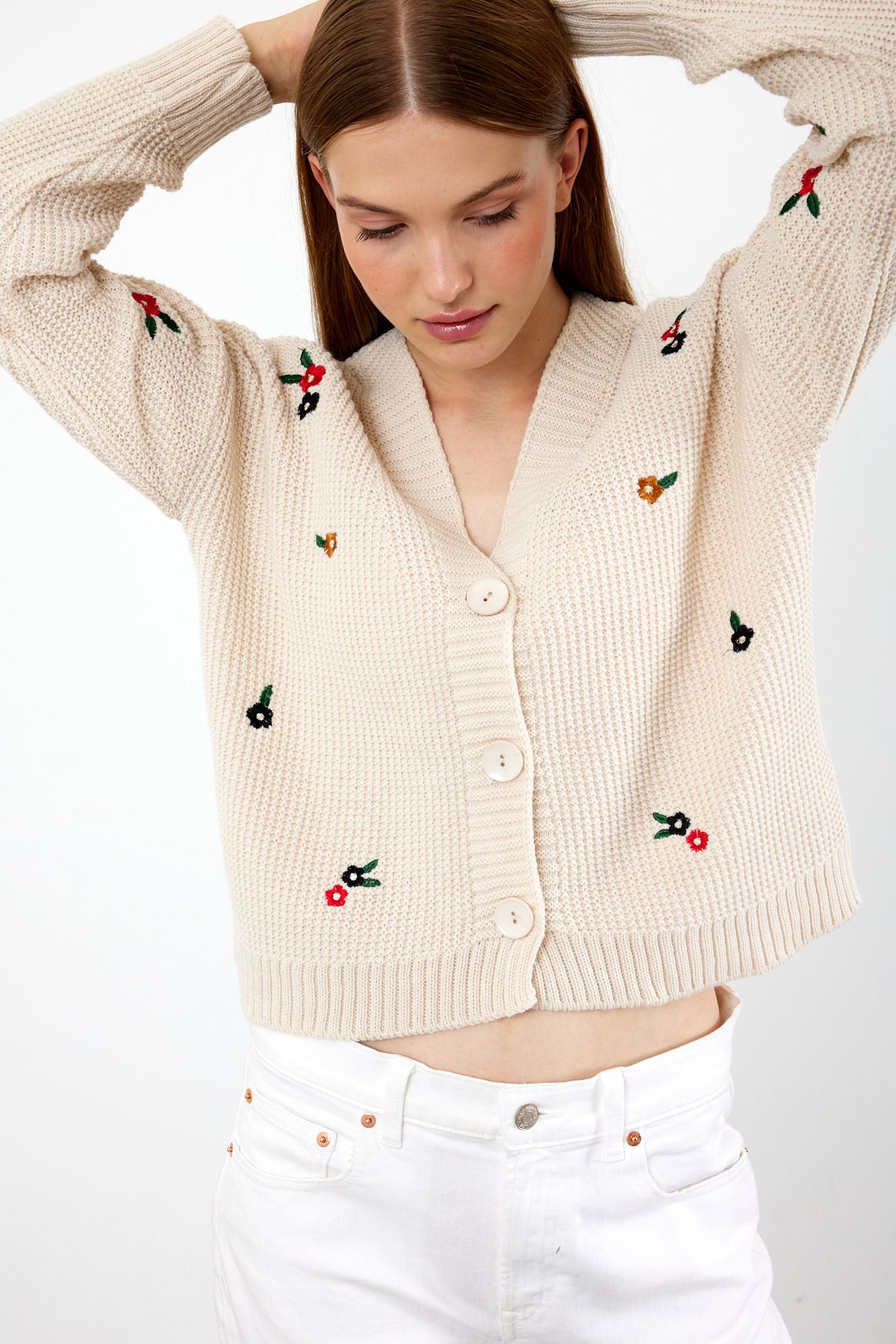 Short Knit Cardigan Flower Embroidery Detailed - SKU: 3840
