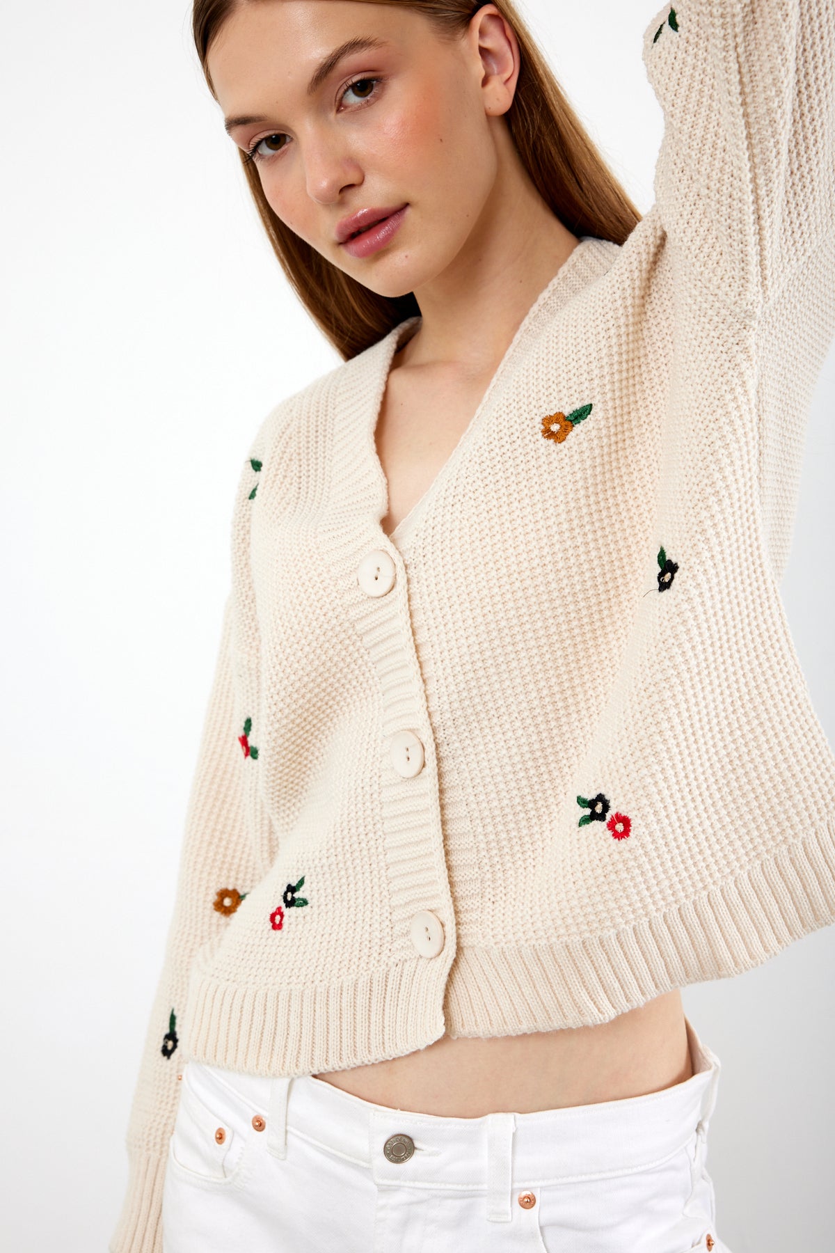 Short Knit Cardigan Flower Embroidery Detailed - SKU: 3840