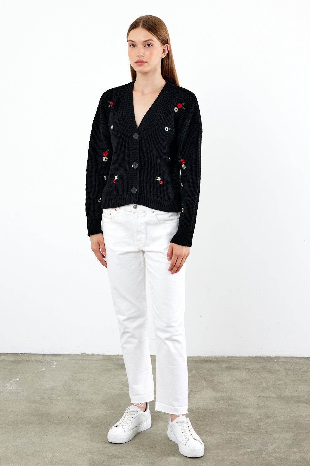 Short Knit Cardigan Flower Embroidery Detailed - SKU: 3840