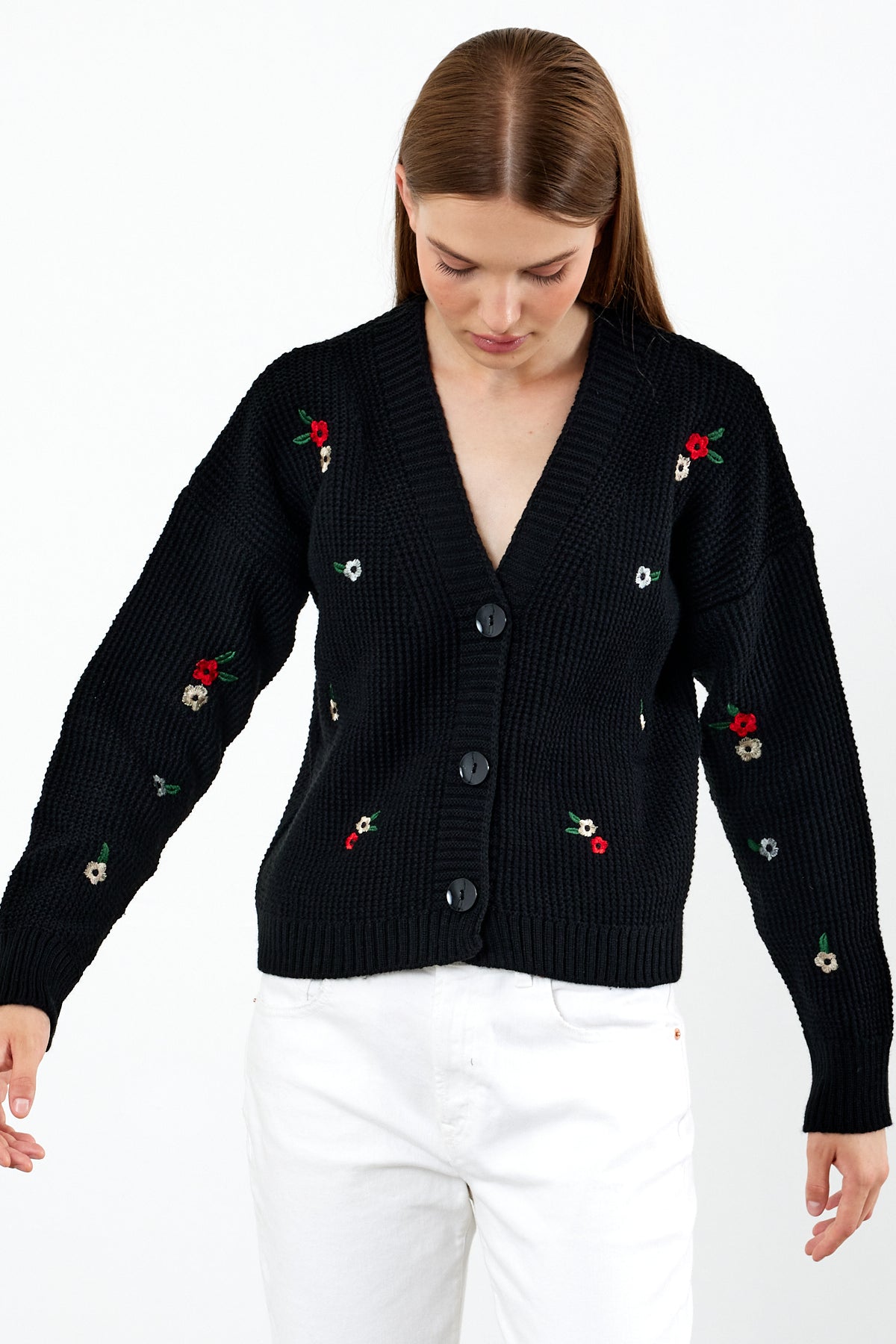 Short Knit Cardigan Flower Embroidery Detailed - SKU: 3840