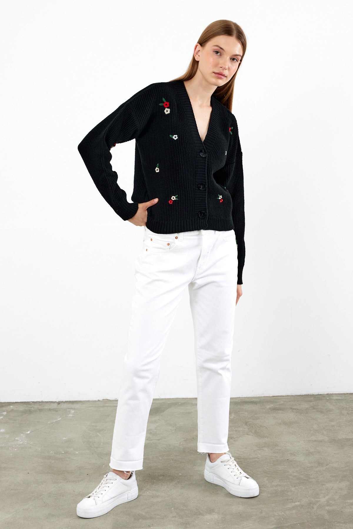 Short Knit Cardigan Flower Embroidery Detailed - SKU: 3840