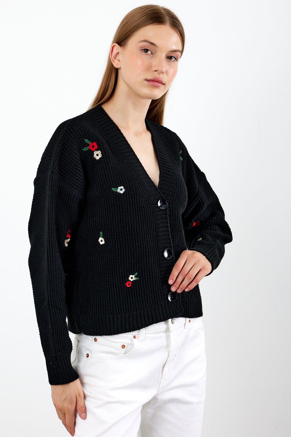 Short Knit Cardigan Flower Embroidery Detailed - SKU: 3840