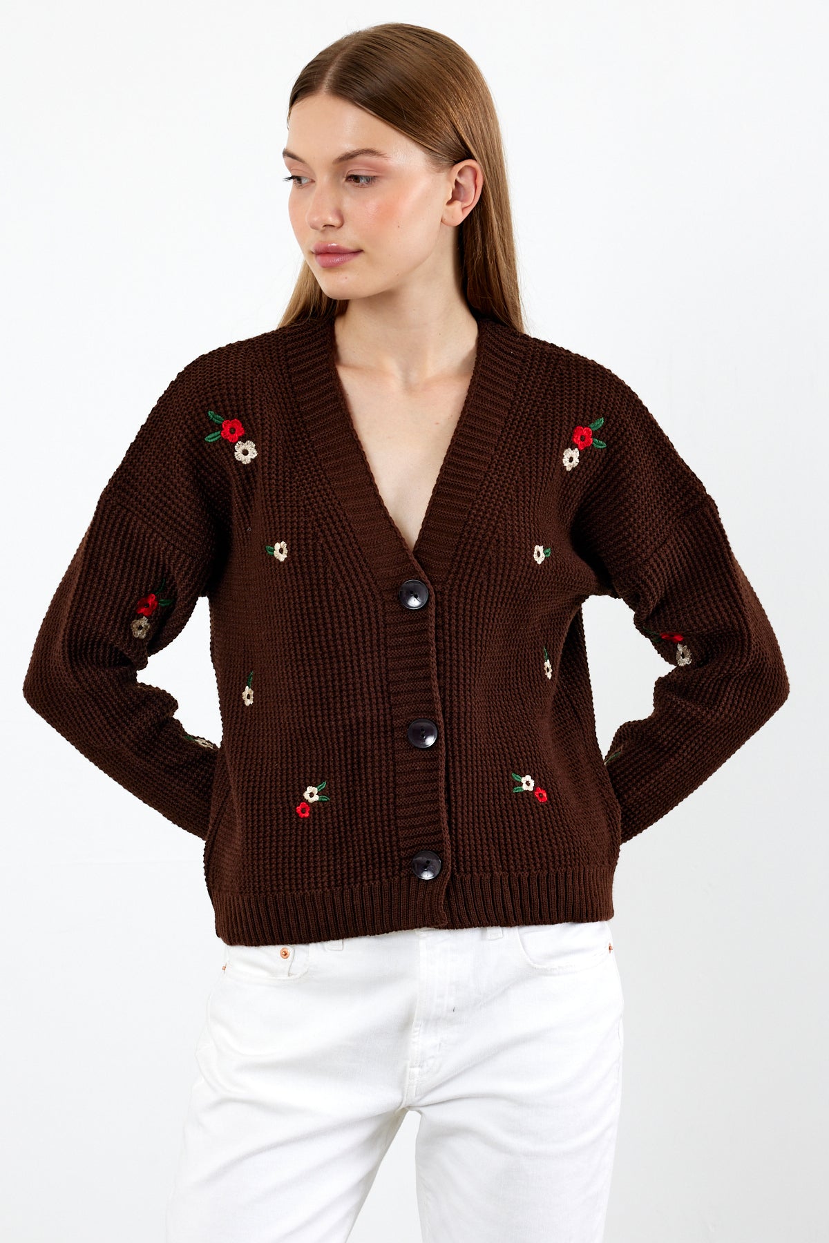 Short Knit Cardigan Flower Embroidery Detailed - SKU: 3840