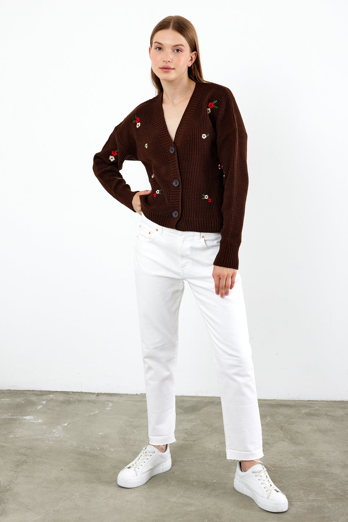 Short Knit Cardigan Flower Embroidery Detailed - SKU: 3840