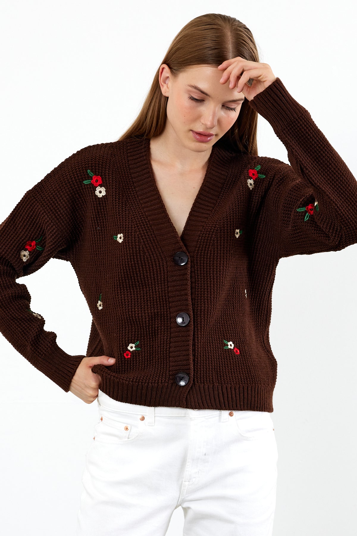 Short Knit Cardigan Flower Embroidery Detailed - SKU: 3840