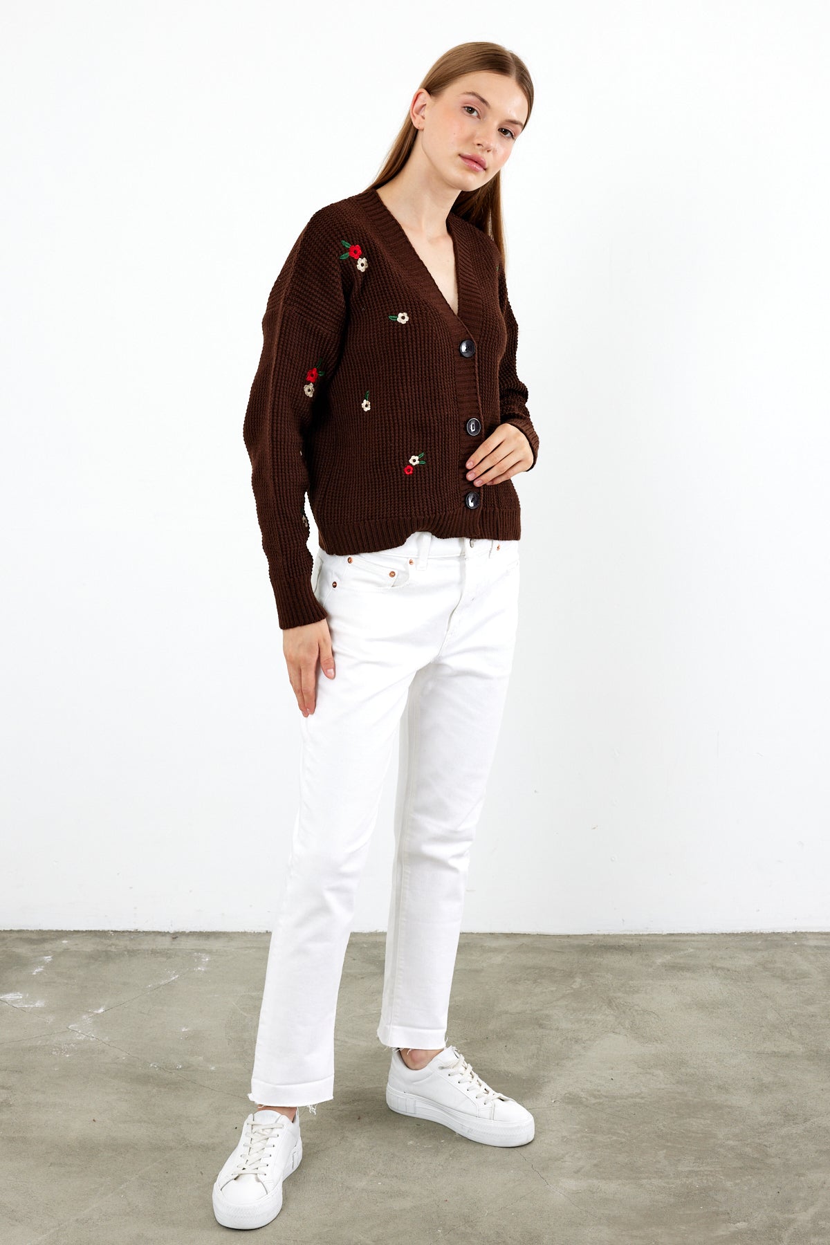 Short Knit Cardigan Flower Embroidery Detailed - SKU: 3840
