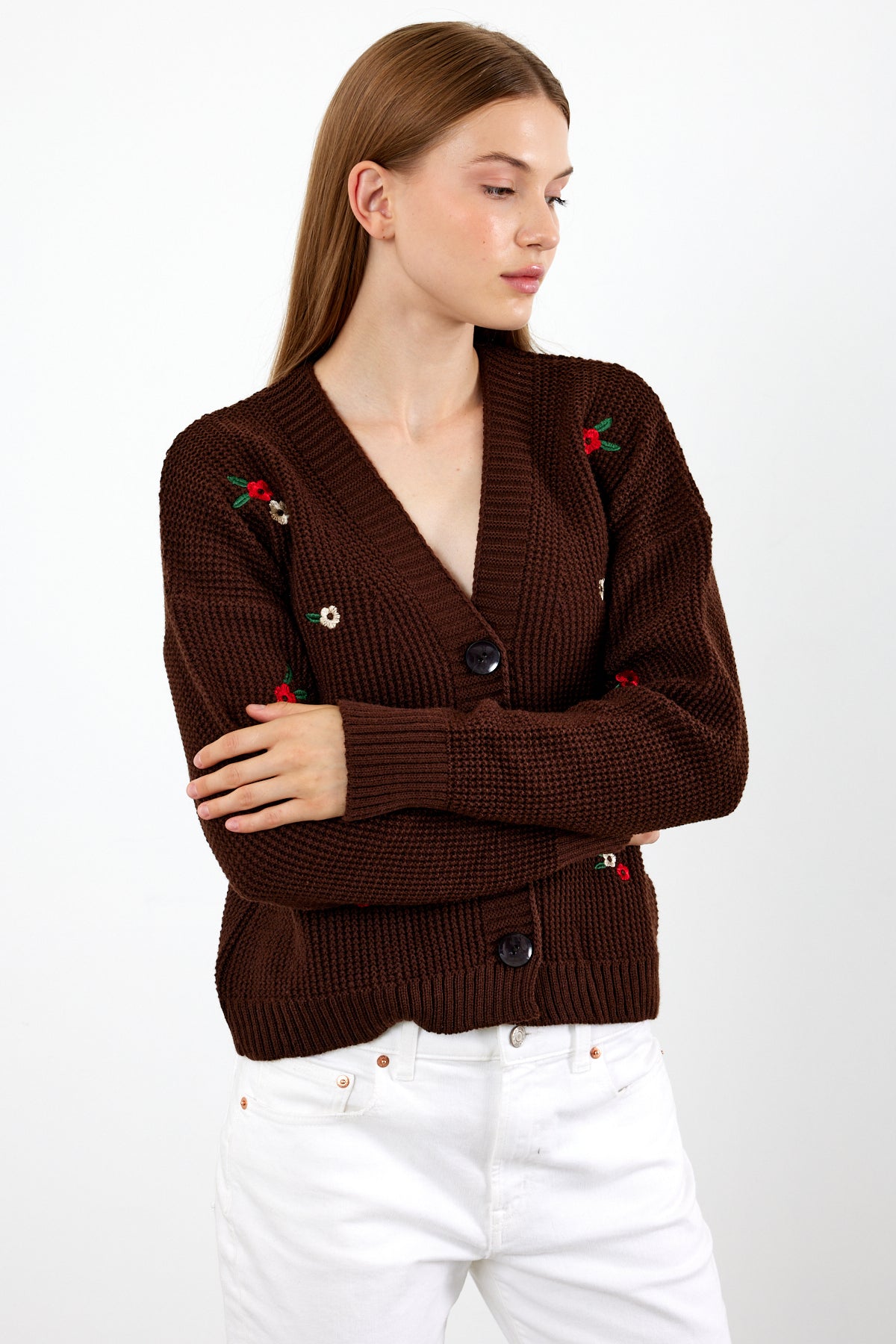 Short Knit Cardigan Flower Embroidery Detailed - SKU: 3840
