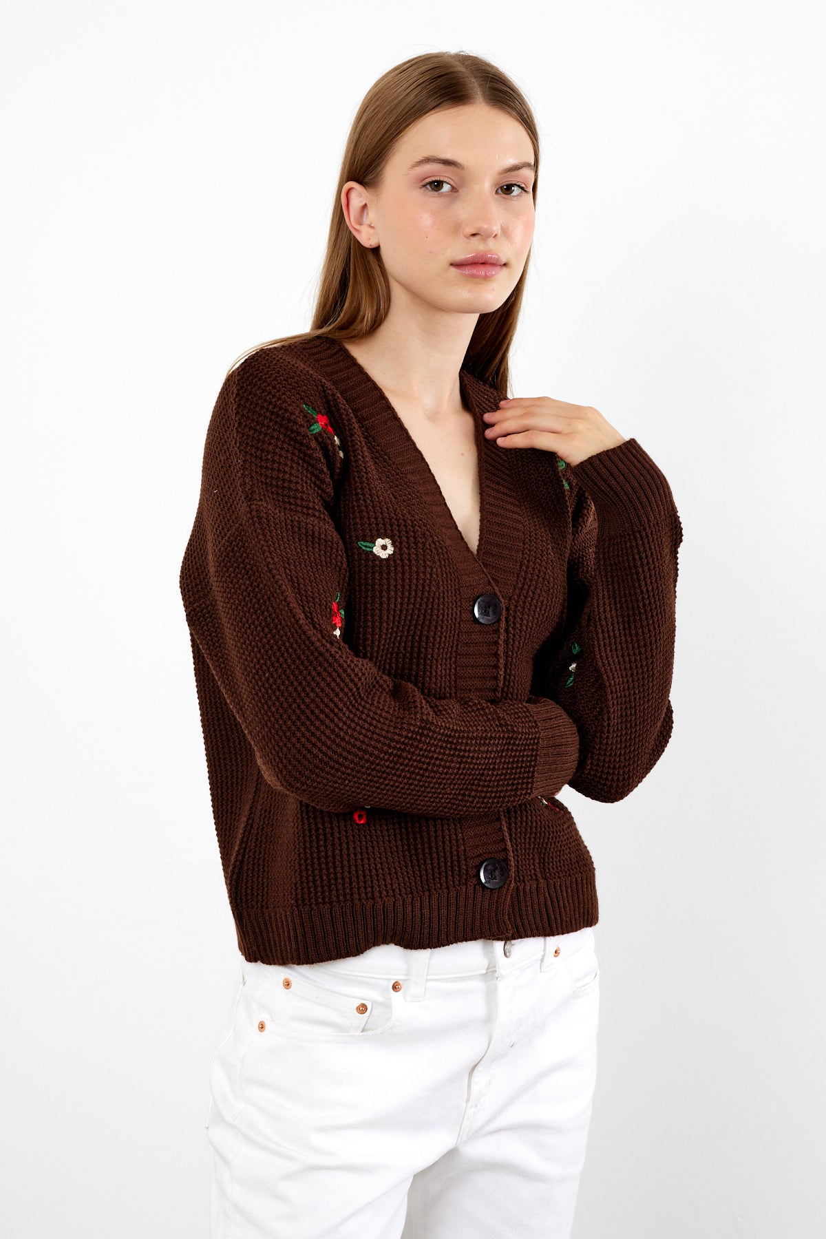 Short Knit Cardigan Flower Embroidery Detailed - SKU: 3840
