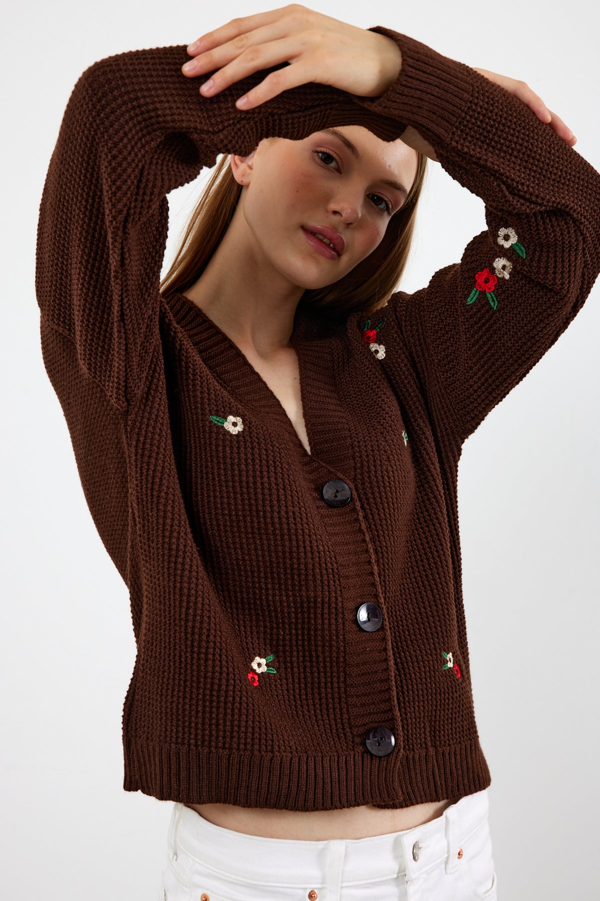 Short Knit Cardigan Flower Embroidery Detailed - SKU: 3840