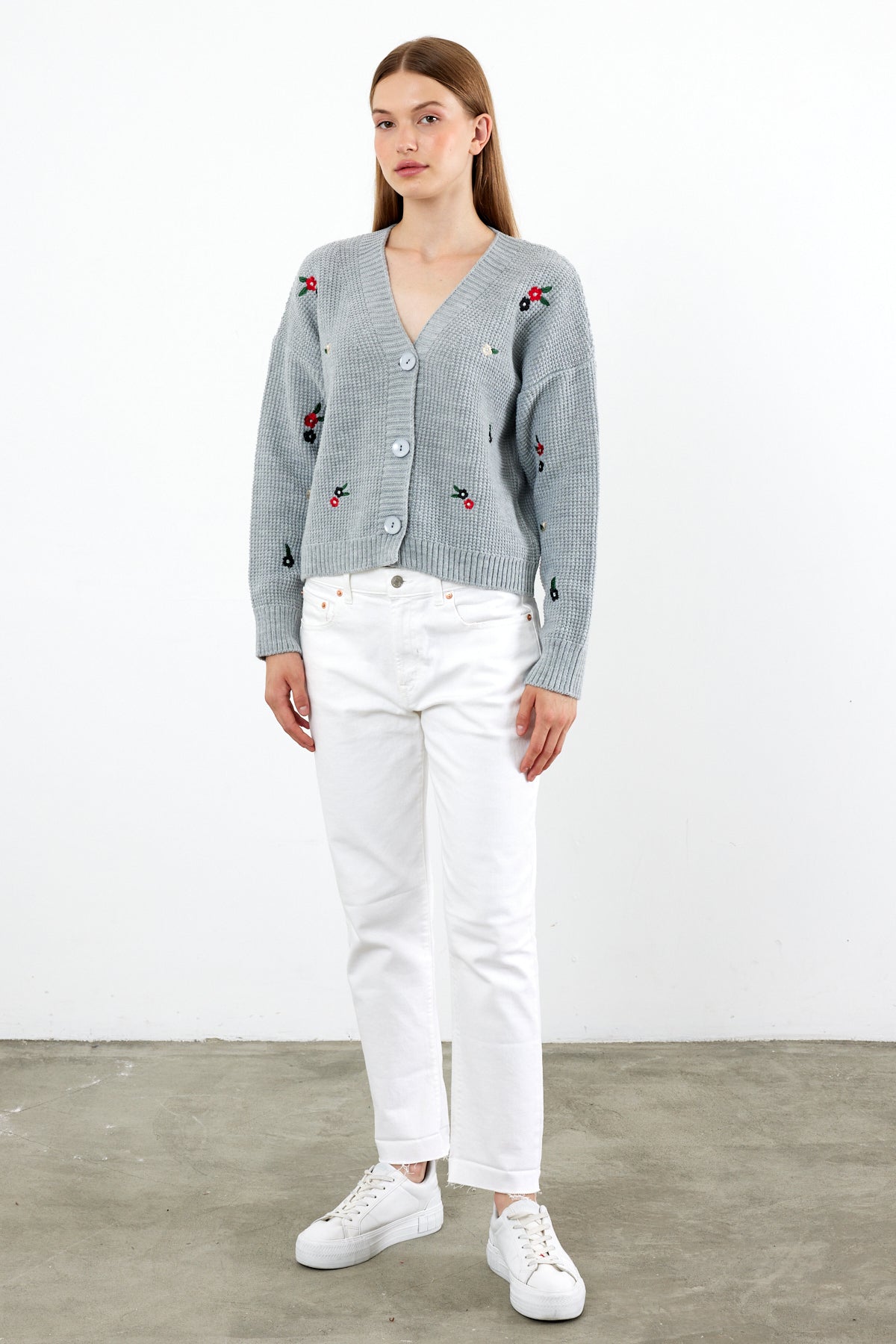 Short Knit Cardigan Flower Embroidery Detailed - SKU: 3840