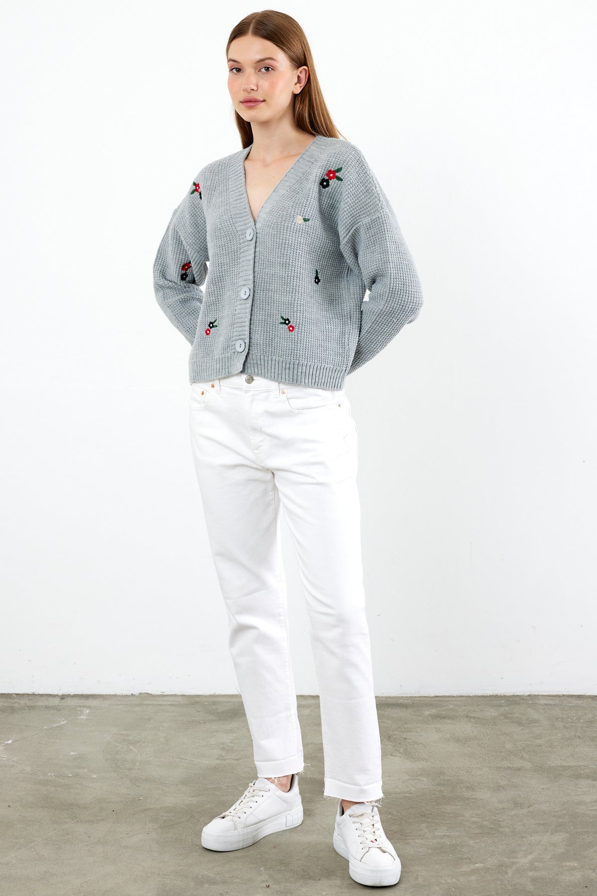 Short Knit Cardigan Flower Embroidery Detailed - SKU: 3840
