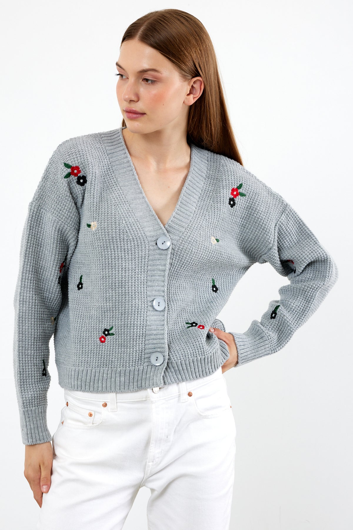Short Knit Cardigan Flower Embroidery Detailed - SKU: 3840