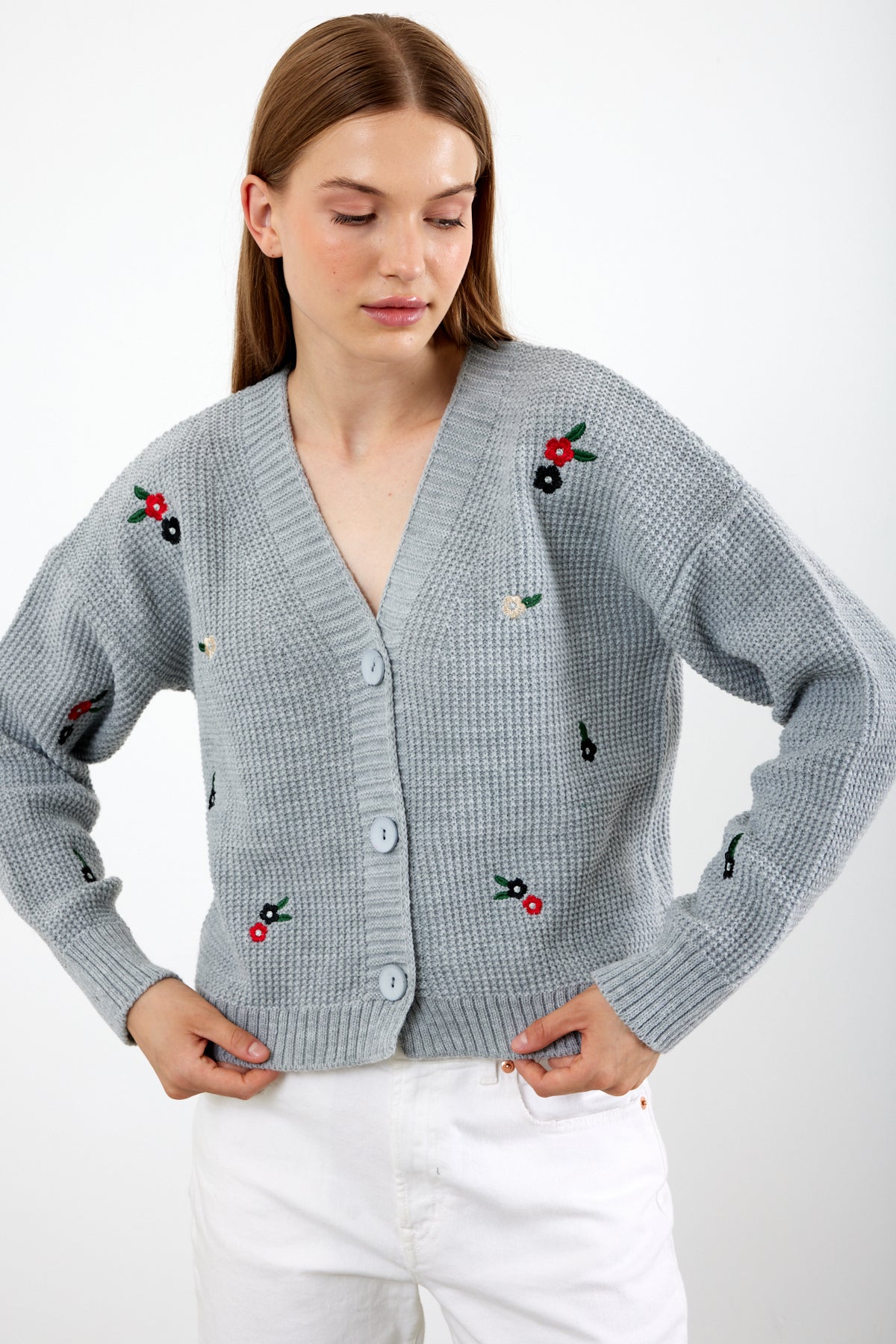 Short Knit Cardigan Flower Embroidery Detailed - SKU: 3840