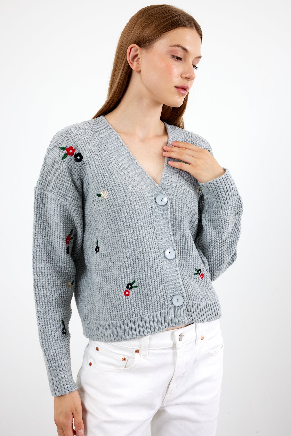 Short Knit Cardigan Flower Embroidery Detailed - SKU: 3840