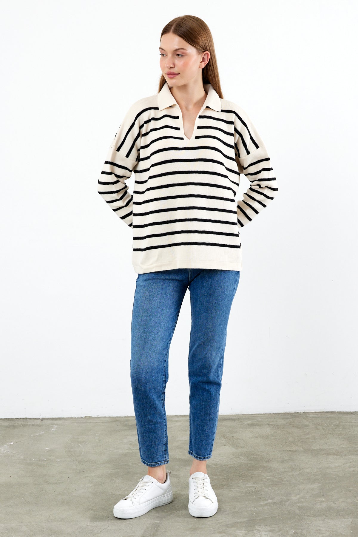 Knit Polo Neck Top V Neck Striped Knit Sweater - SKU: 1038