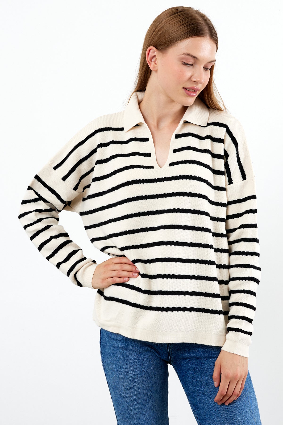 Knit Polo Neck Top V Neck Striped Knit Sweater - SKU: 1038