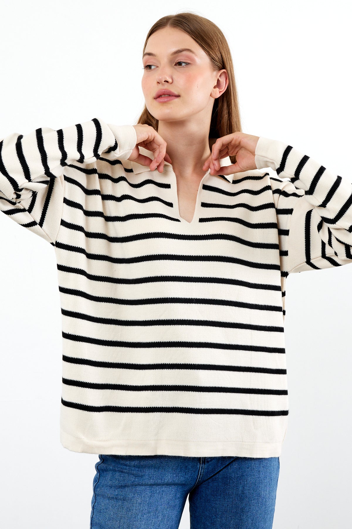 Knit Polo Neck Top V Neck Striped Knit Sweater - SKU: 1038