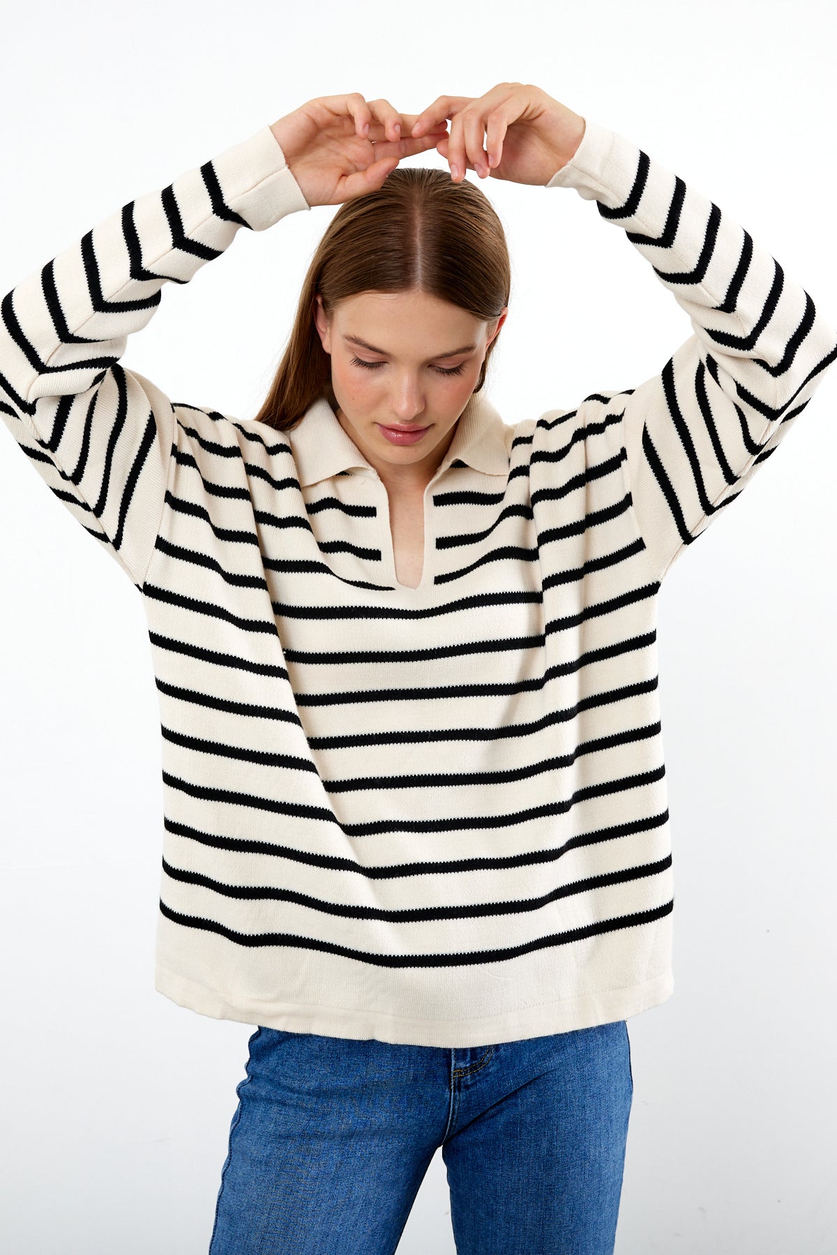 Knit Polo Neck Top V Neck Striped Knit Sweater - SKU: 1038
