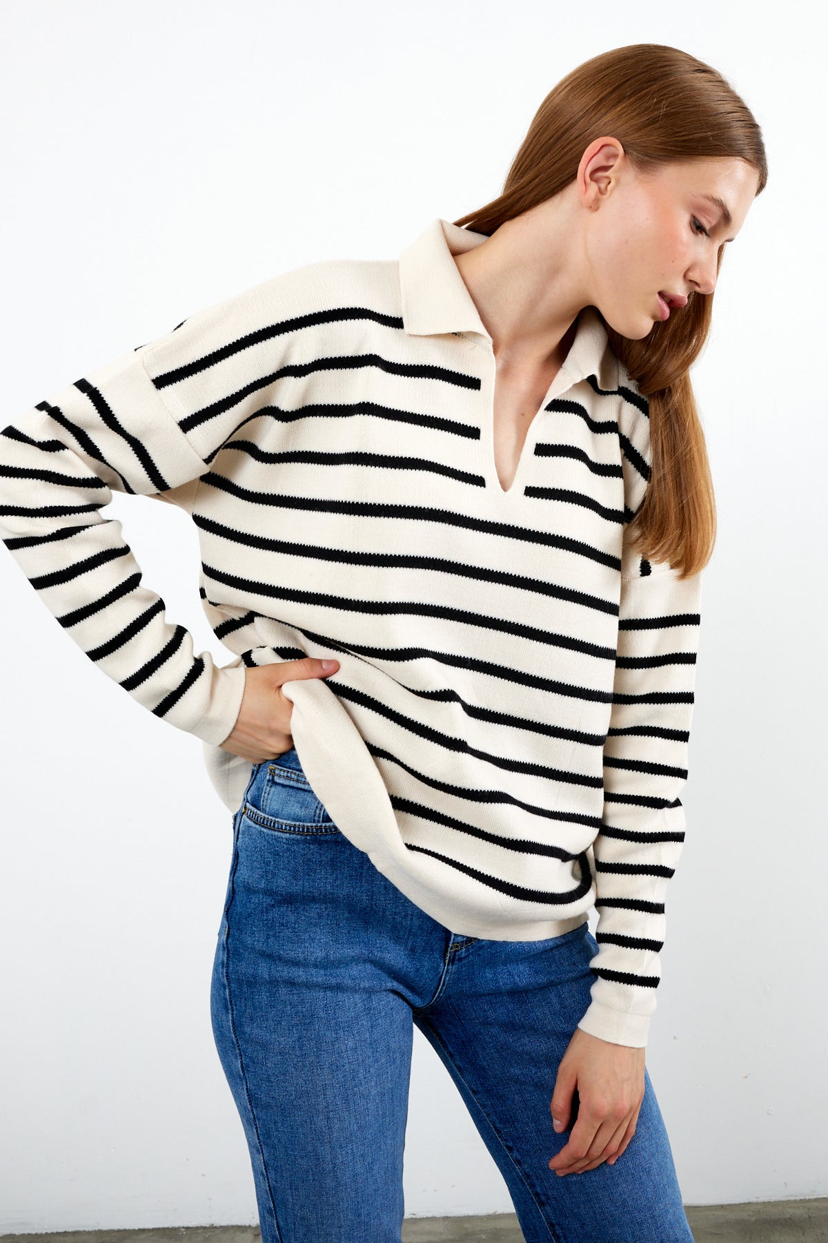 Knit Polo Neck Top V Neck Striped Knit Sweater - SKU: 1038