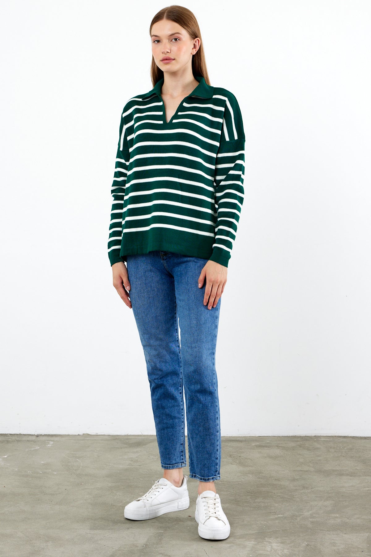 Knit Polo Neck Top V Neck Striped Knit Sweater - SKU: 1038