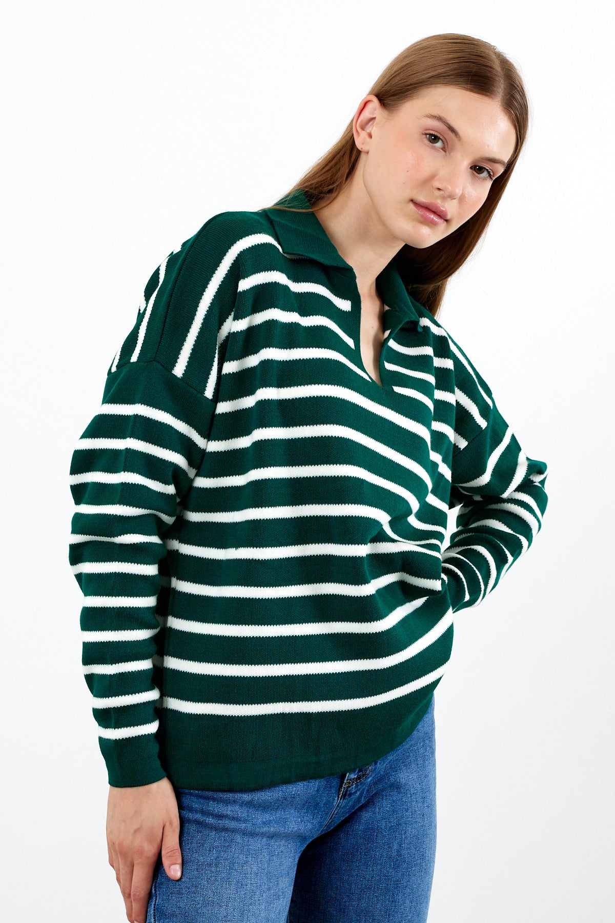 Knit Polo Neck Top V Neck Striped Knit Sweater - SKU: 1038