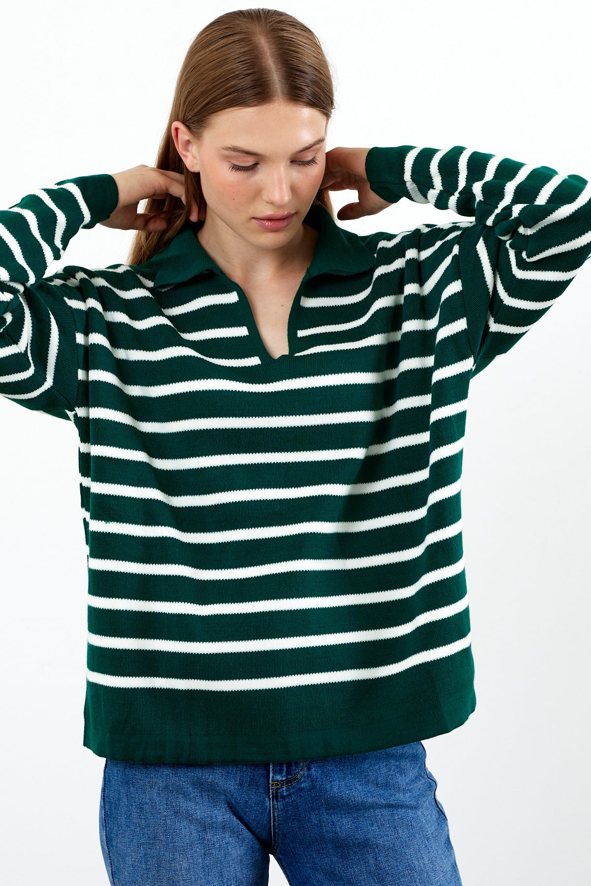 Knit Polo Neck Top V Neck Striped Knit Sweater - SKU: 1038