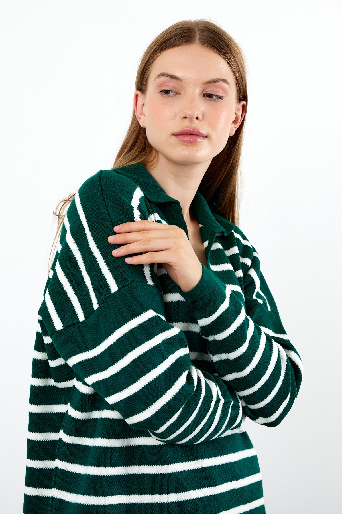 Knit Polo Neck Top V Neck Striped Knit Sweater - SKU: 1038