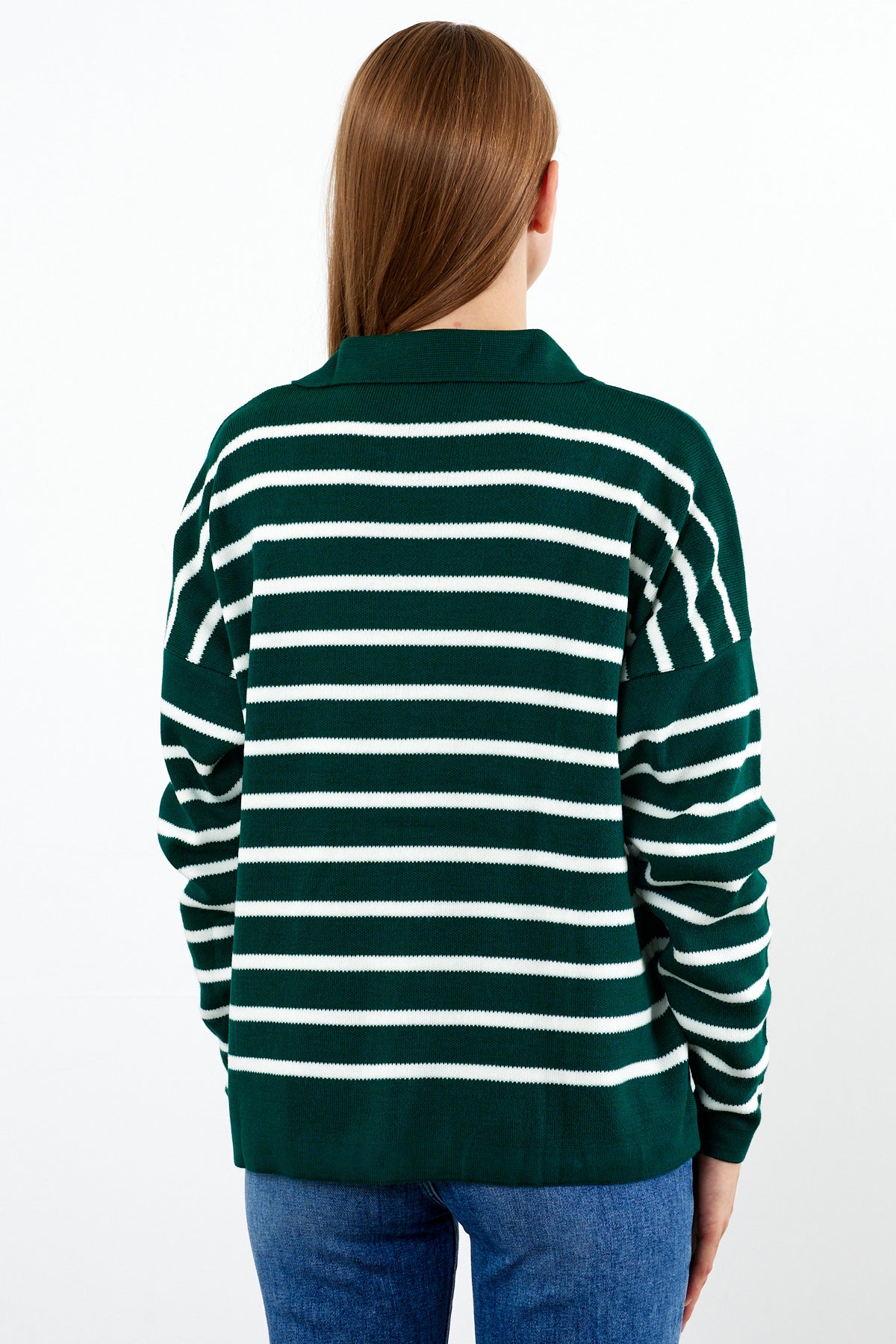 Knit Polo Neck Top V Neck Striped Knit Sweater - SKU: 1038