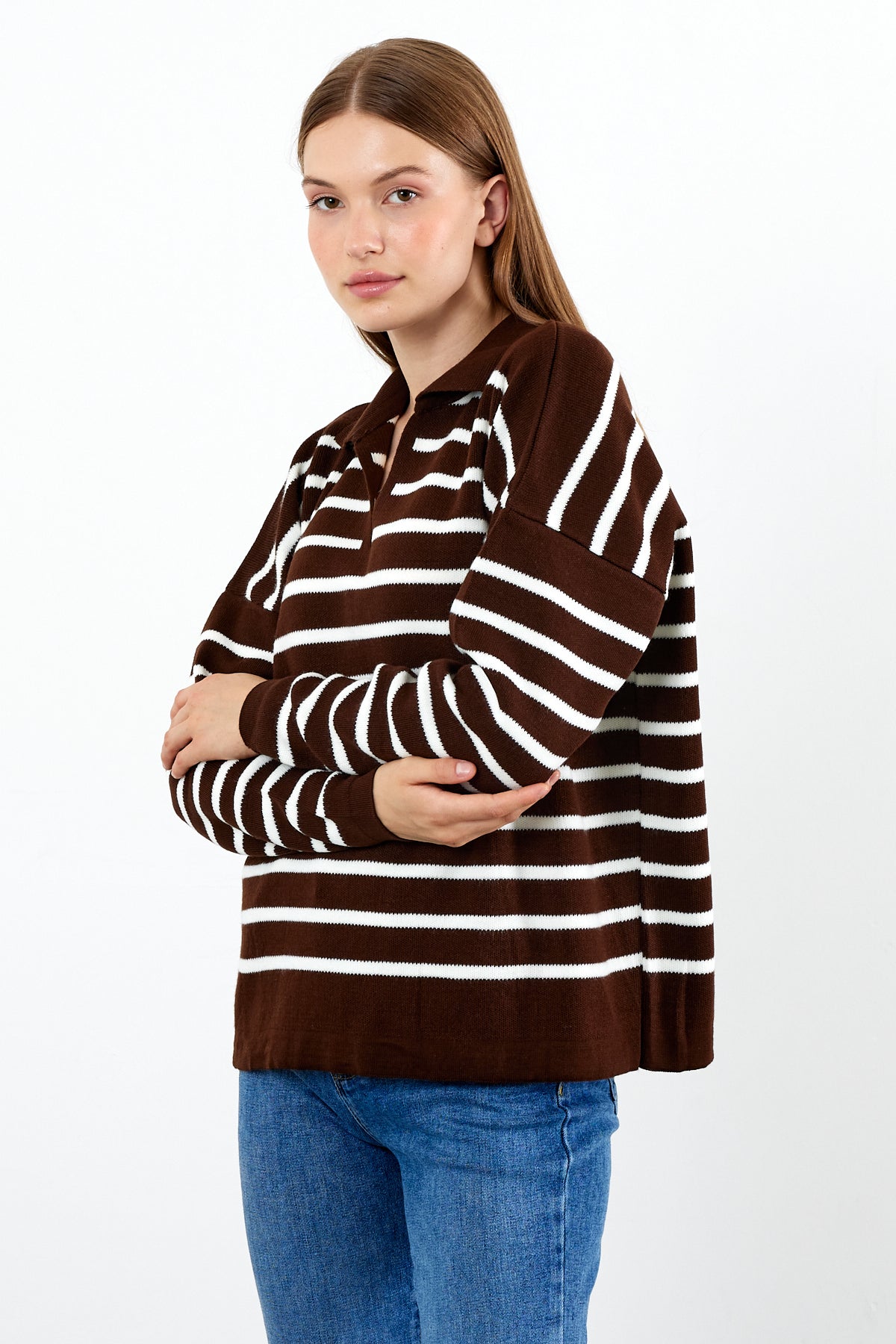Knit Polo Neck Top V Neck Striped Knit Sweater - SKU: 1038