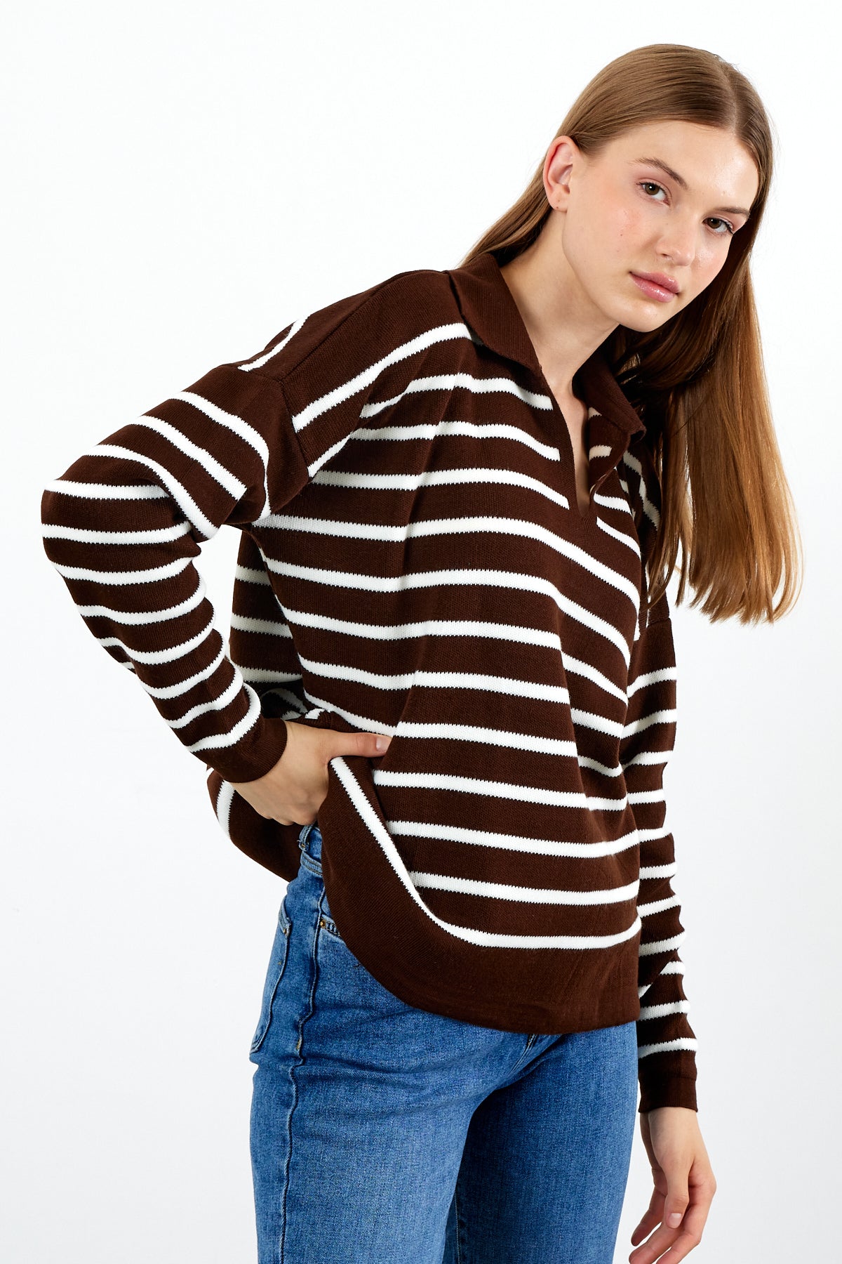 Knit Polo Neck Top V Neck Striped Knit Sweater - SKU: 1038