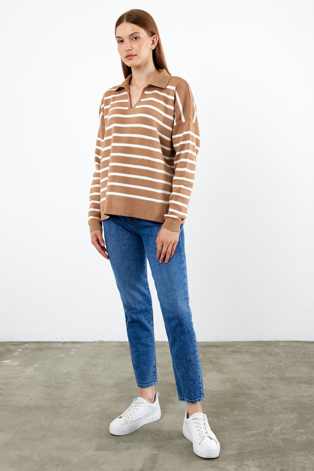 Knit Polo Neck Top V Neck Striped Knit Sweater - SKU: 1038