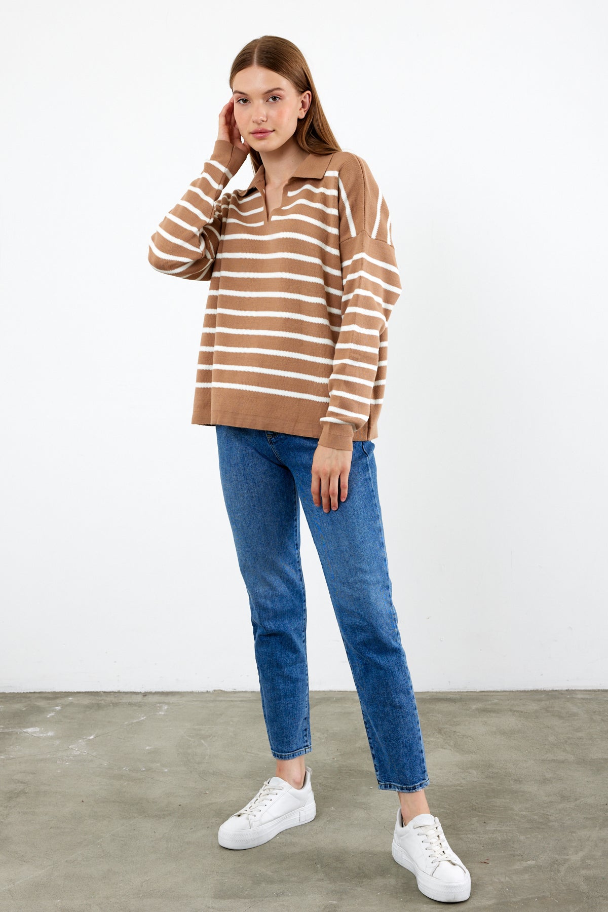 Knit Polo Neck Top V Neck Striped Knit Sweater - SKU: 1038