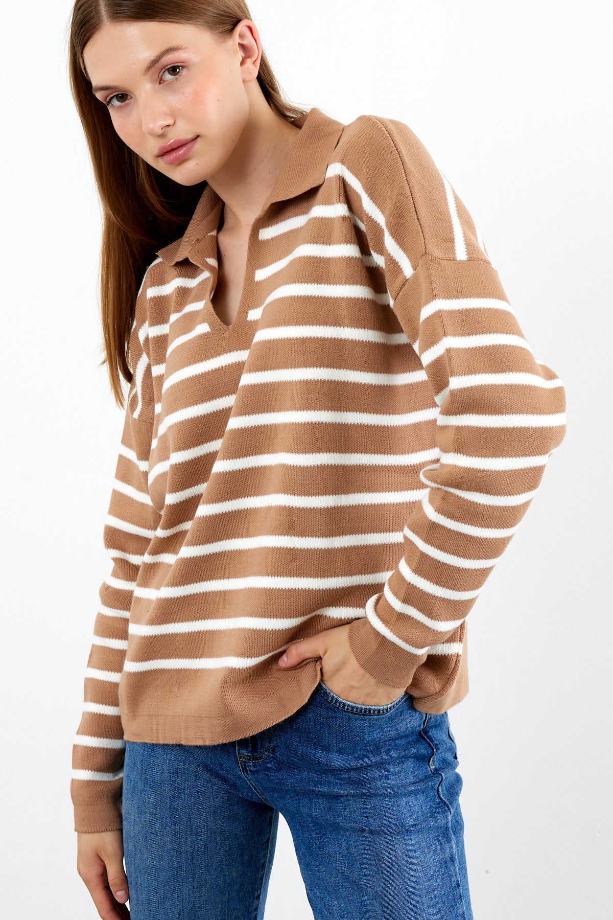 Knit Polo Neck Top V Neck Striped Knit Sweater - SKU: 1038