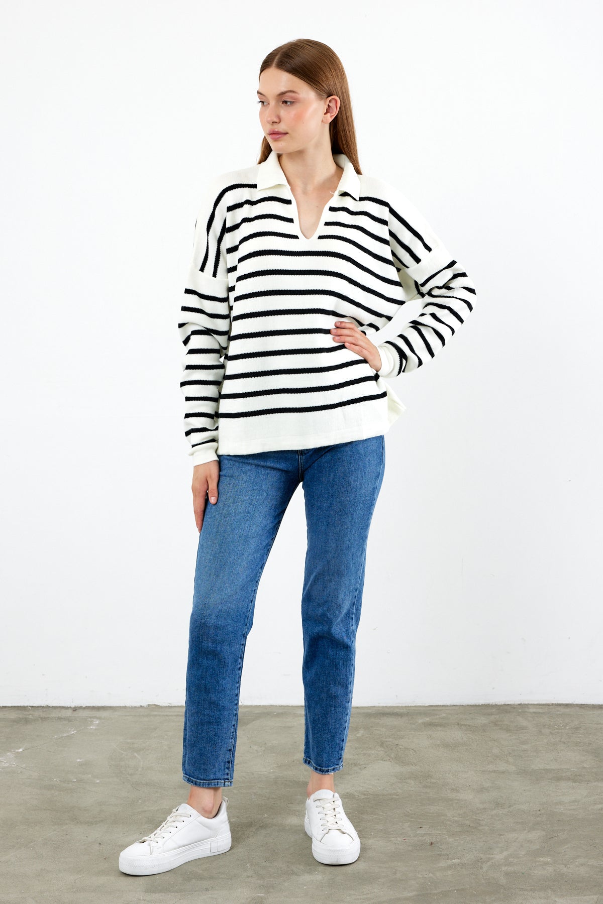 Knit Polo Neck Top V Neck Striped Knit Sweater - SKU: 1038