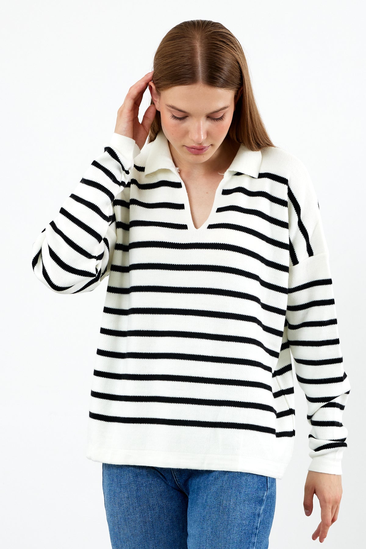 Knit Polo Neck Top V Neck Striped Knit Sweater - SKU: 1038