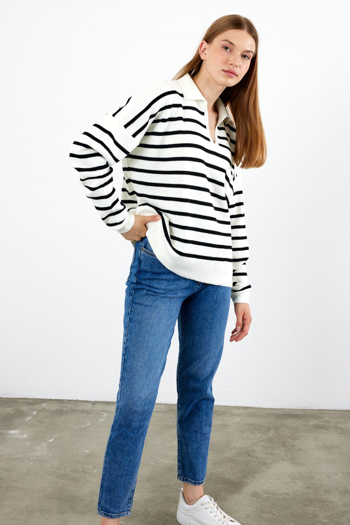 Knit Polo Neck Top V Neck Striped Knit Sweater - SKU: 1038